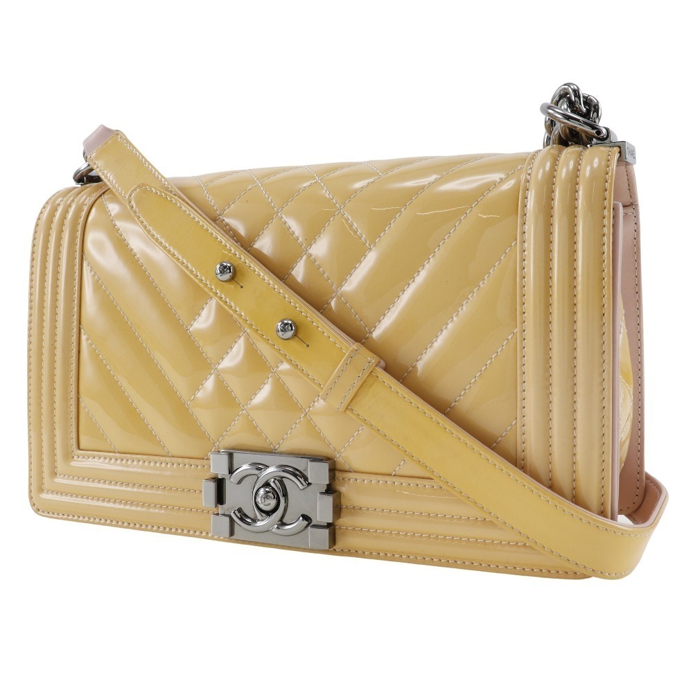 Chanel Bag Cream Boy Shoulder Patent Chain Leather Yellow